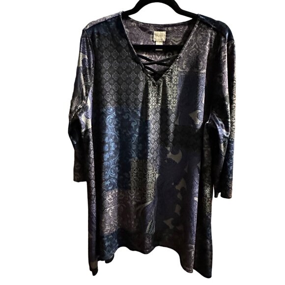 Chico’s size 3(XL/16) navy blue colorblock print velour criss cross neck tunic - Picture 1 of 7